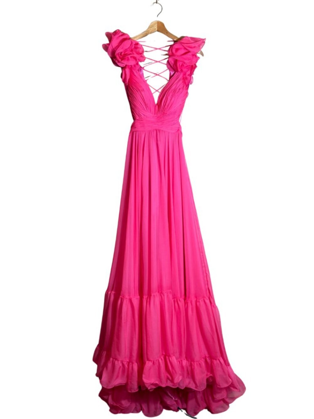 Mac Duggal Ruffle Tiered Cut-Out Chiffon Gown Womens 4 Hot Pink Formal 67911 NWT - Picture 4 of 16